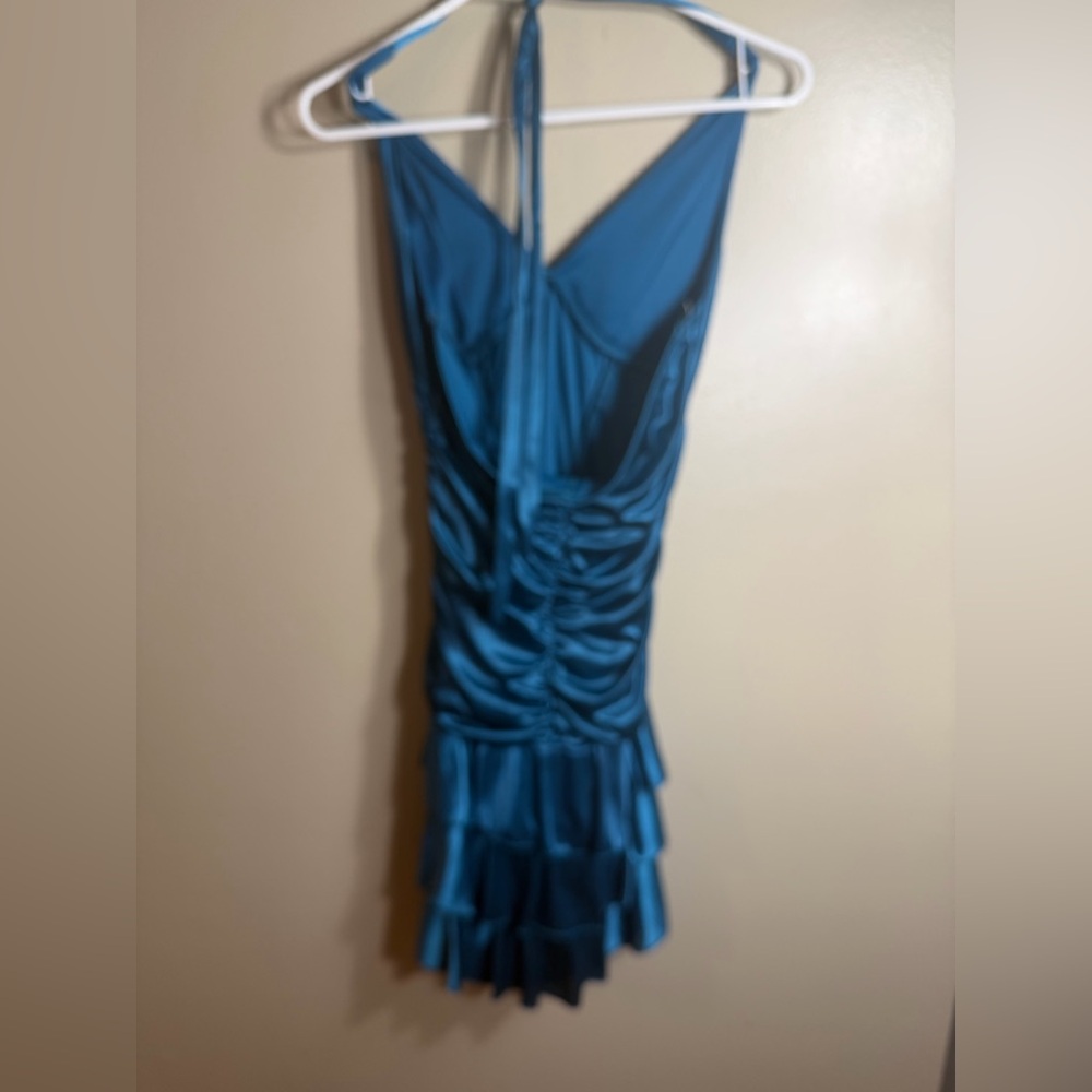 Y2K Teal Satin Ruched Halter Mini Party Dress Medium - Picture 3 of 4
